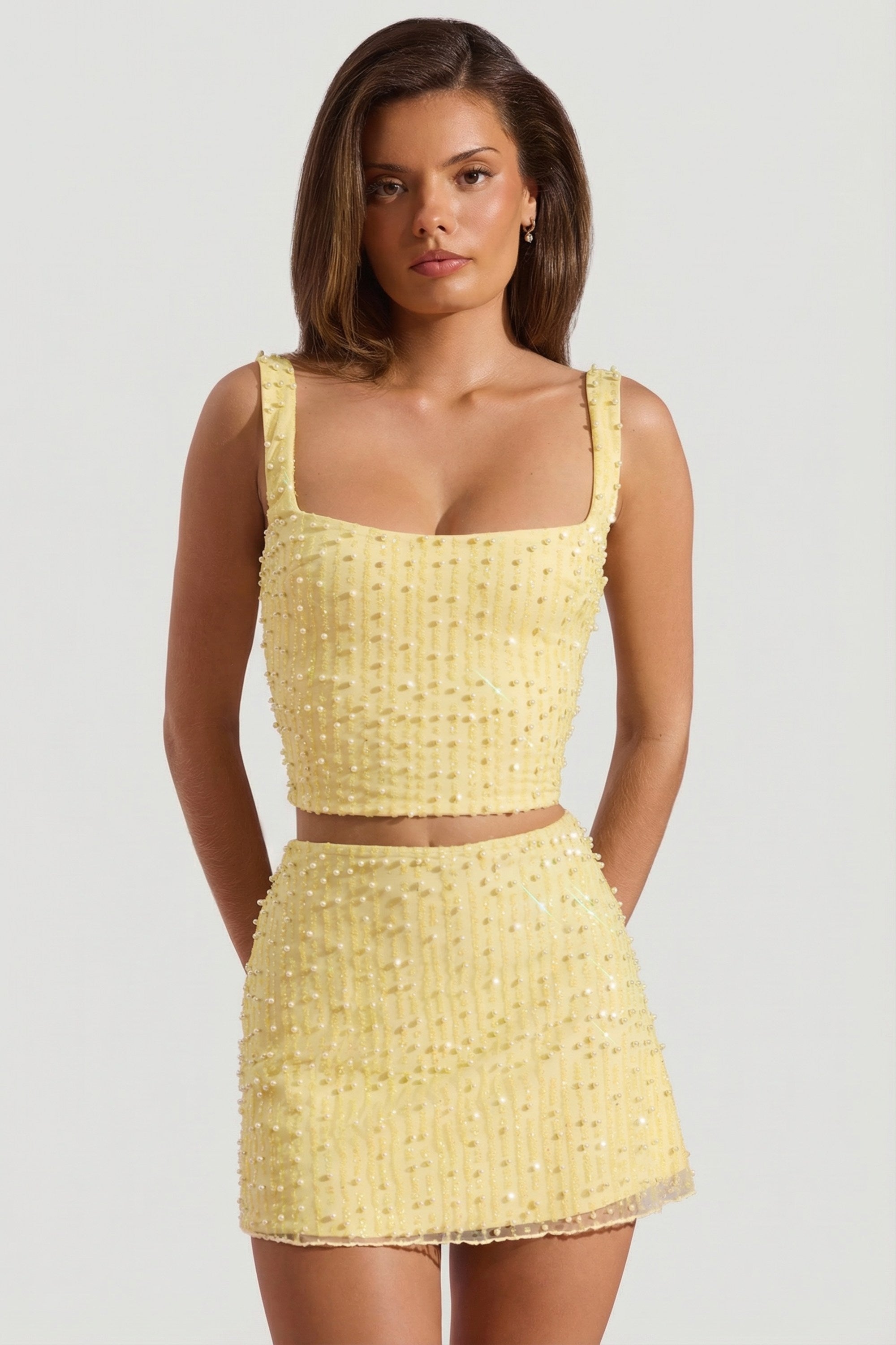 Embellished Square-Neck Crop Top in Limoncello