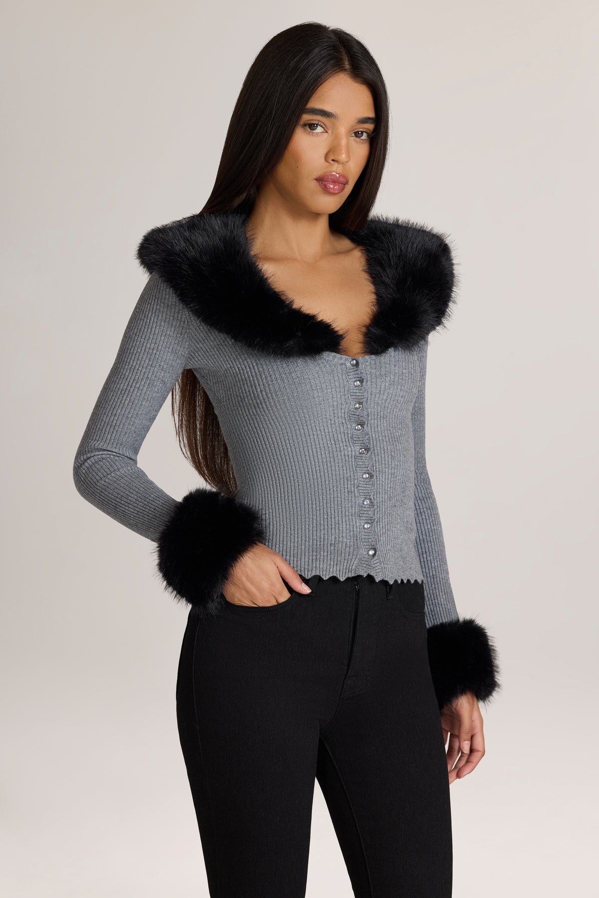 Knit Faux-Fur-Trim Cardigan in Charcoal Grey - 1