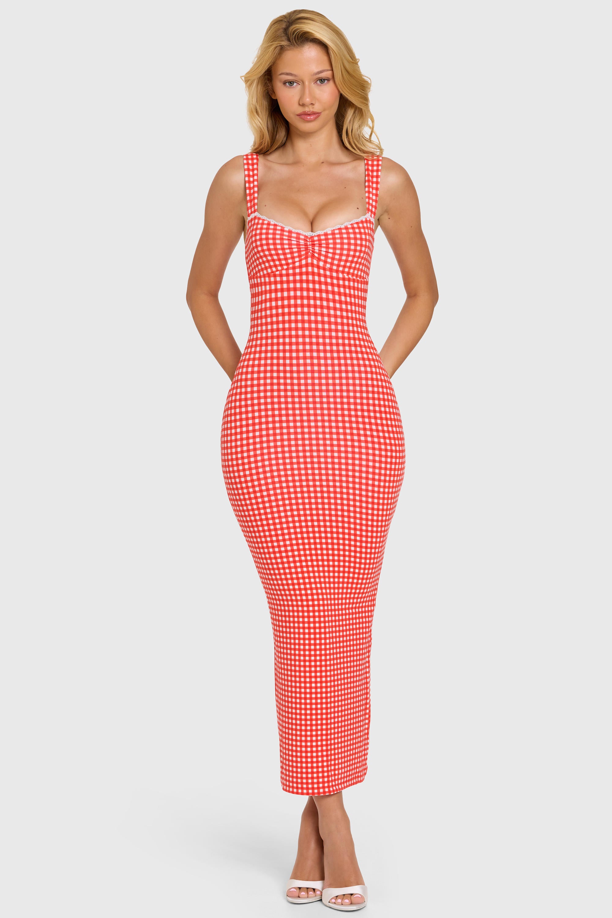 Lorie Modal Lace-Trim Midaxi Dress in Red Gingham | Oh Polly – Oh