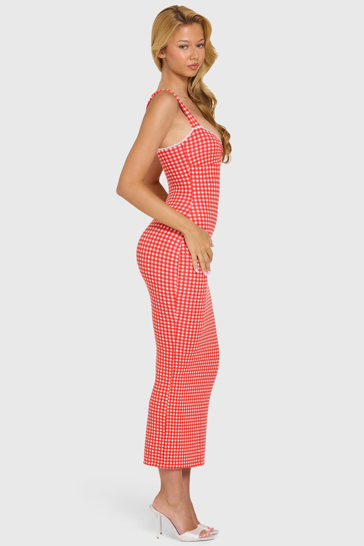 Modal Lace-Trim Midaxi Dress in Red Gingham - 4