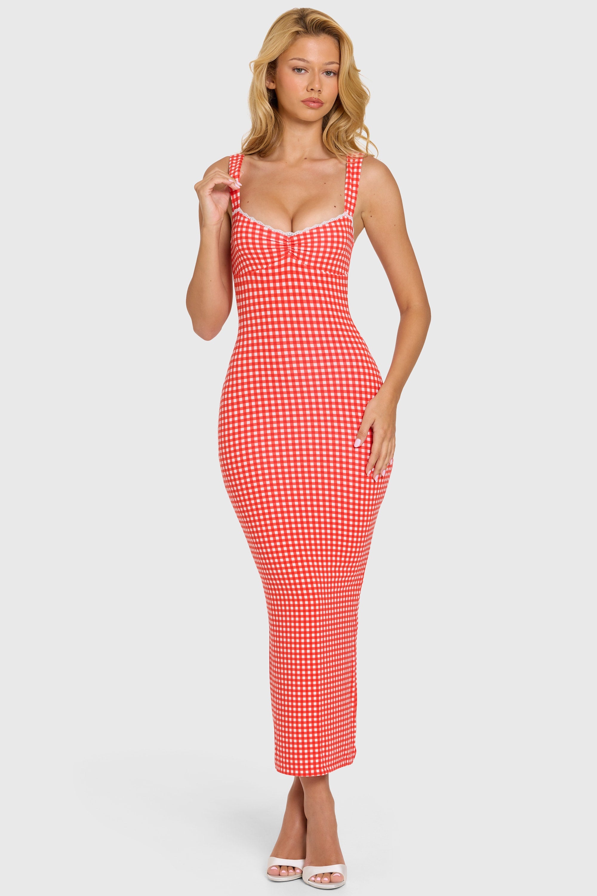 Modal Lace-Trim Midaxi Dress in Red Gingham - 1