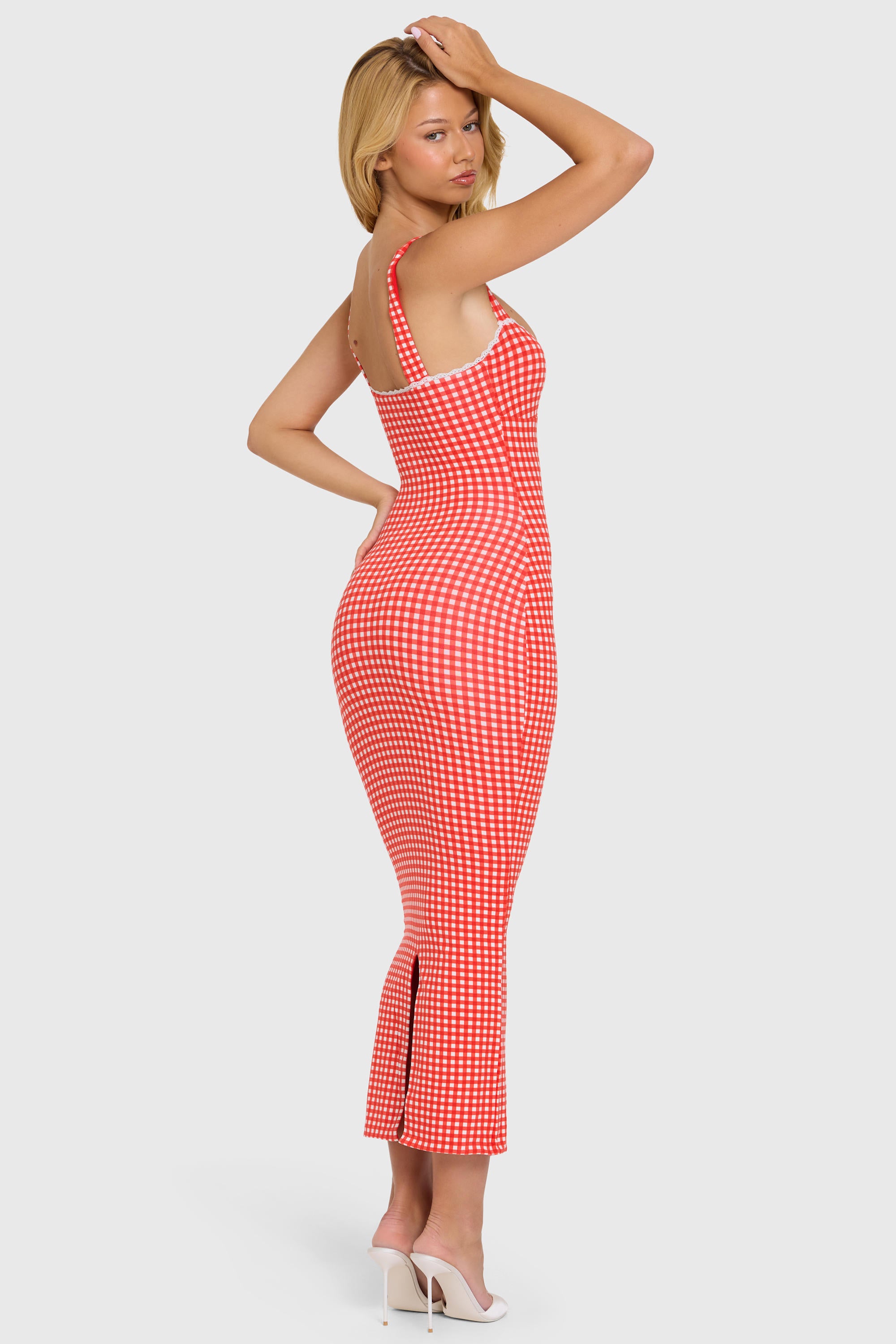 Modal Lace-Trim Midaxi Dress in Red Gingham - 2