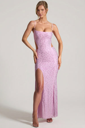 Oh Polly's Sienna wearing the Lucienne Maxi Dress in Peony Pink Embellished fabric perfect for romantic date nights
