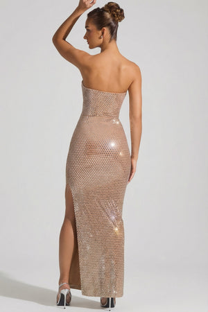 Embellished Plunge Gown in Almond