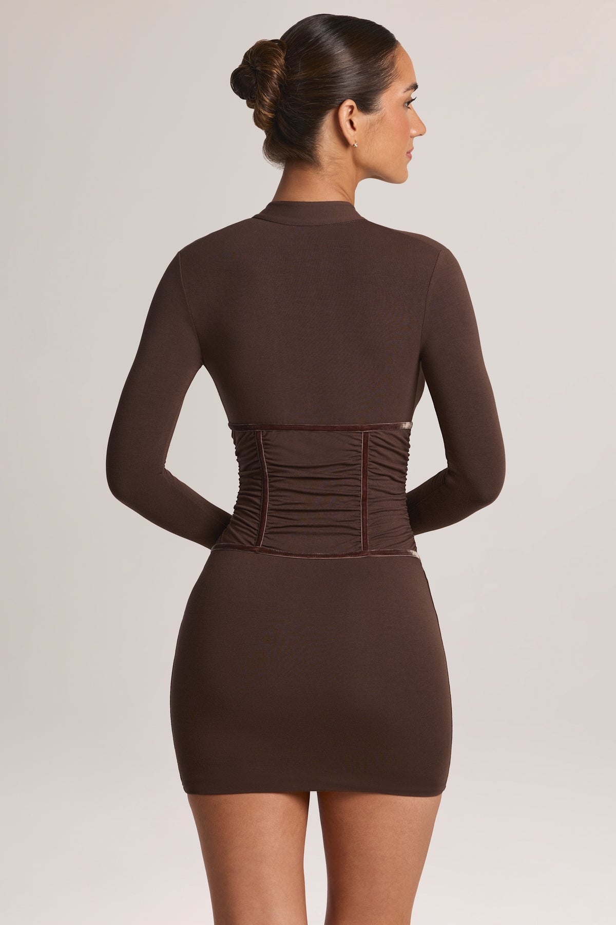 Modal Cut-Out Long-Sleeve Mini Dress in Chocolate Brown