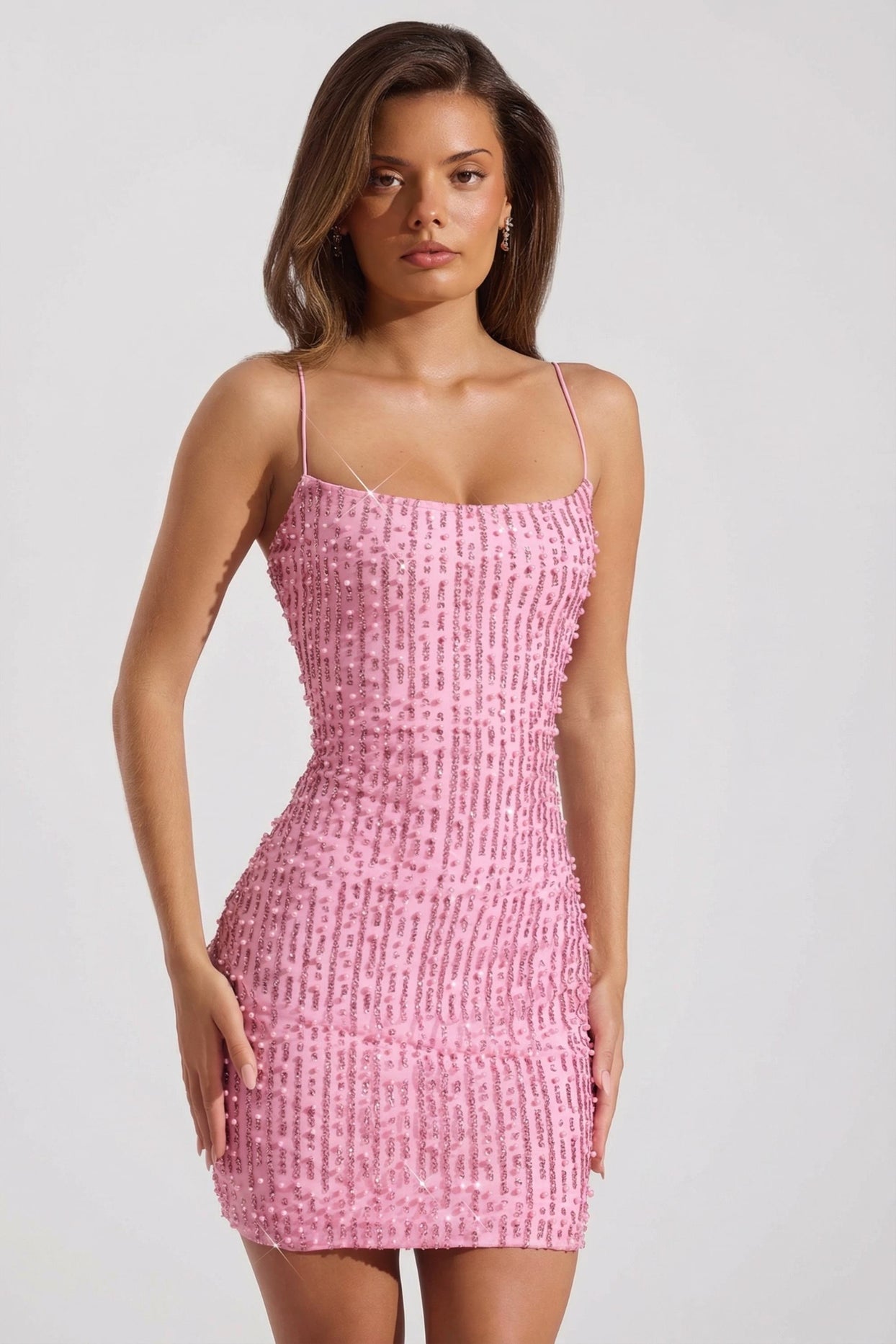 Embellished Scoop-Neck Bodycon Mini Dress in Pink - 7