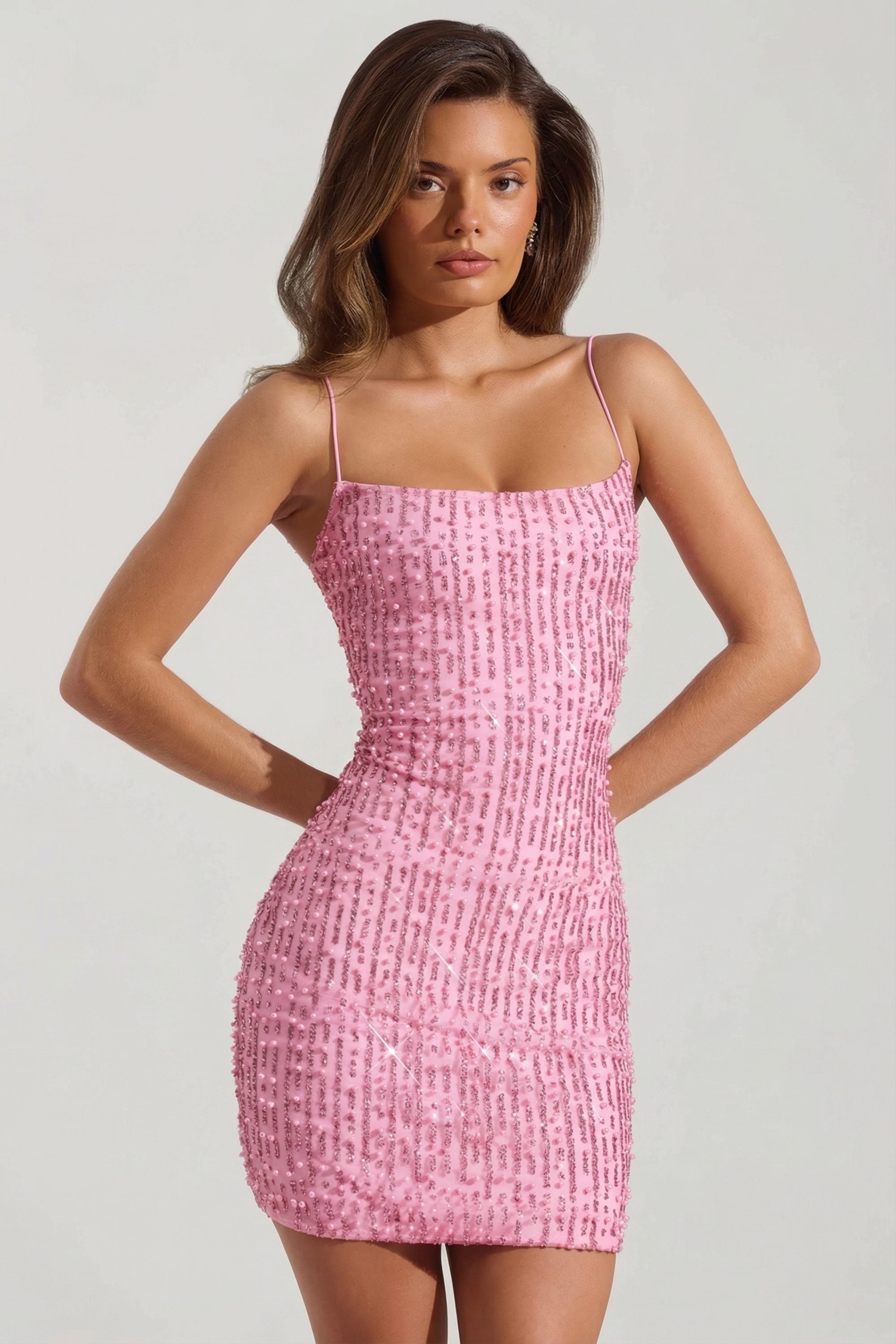 Lunetta Embellished Scoop-Neck Bodycon Mini Dress in Pink