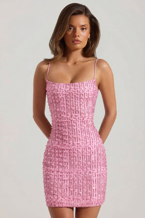 Lunetta verschönerte Schaufel-Hals-Bodycon-Mini-Kleid in Pink