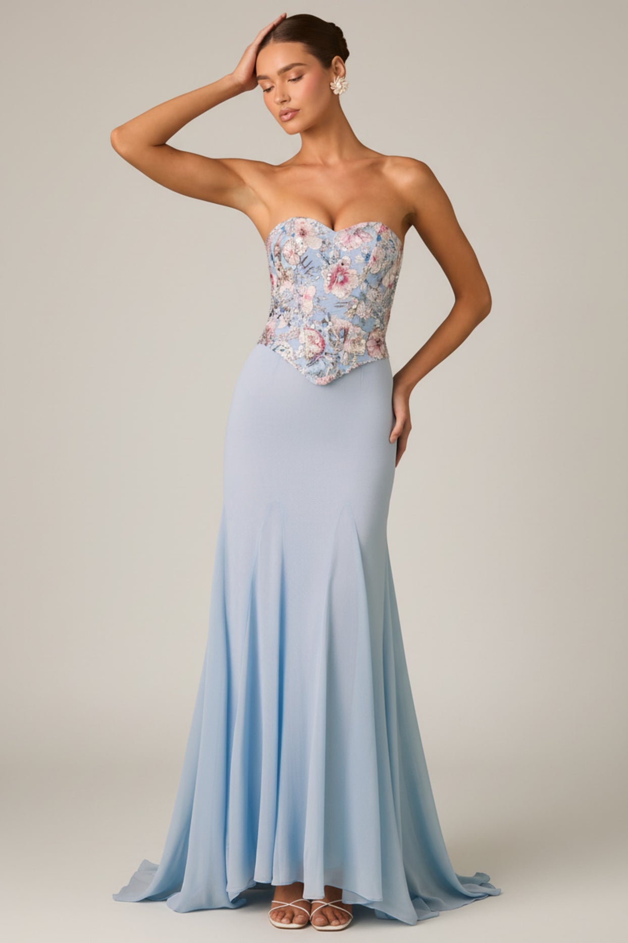 Embellished Corset Fishtail Gown in Floral Blue - 6