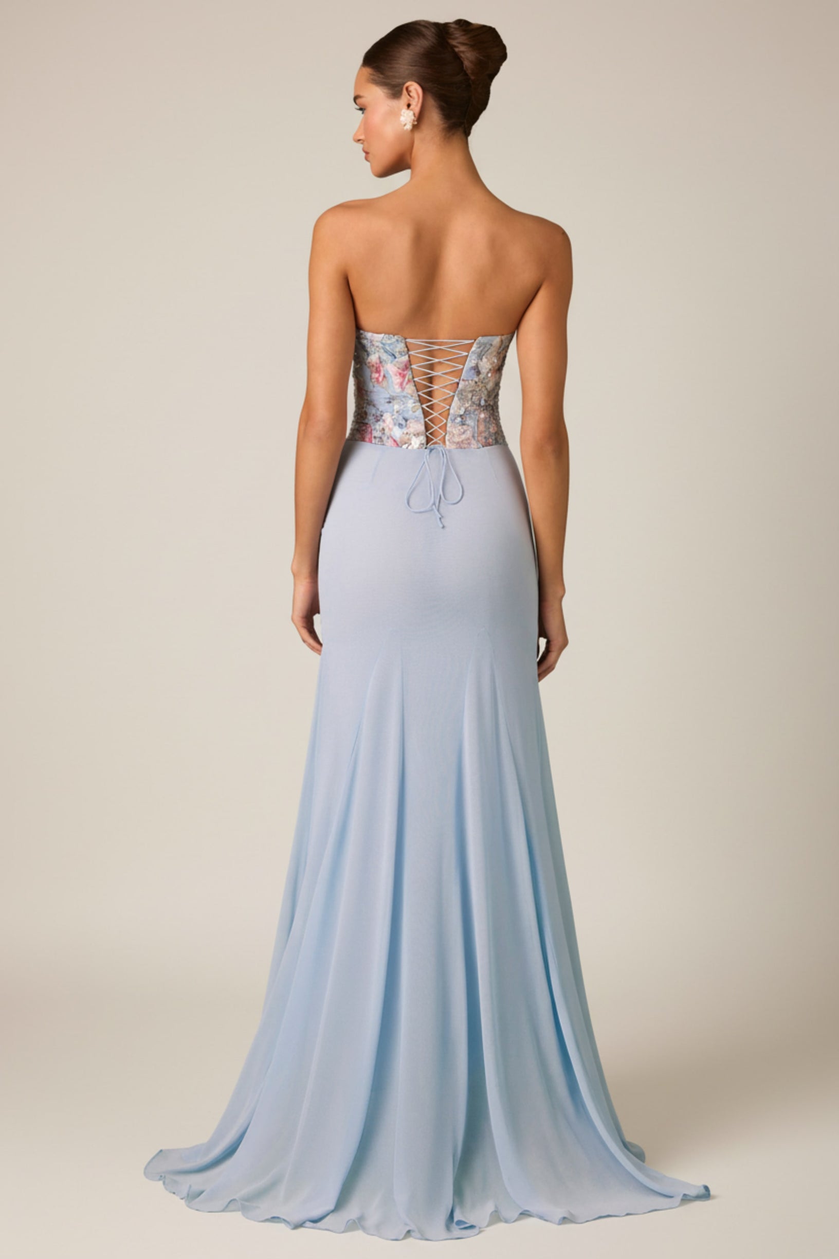 Embellished Corset Fishtail Gown in Floral Blue - 2