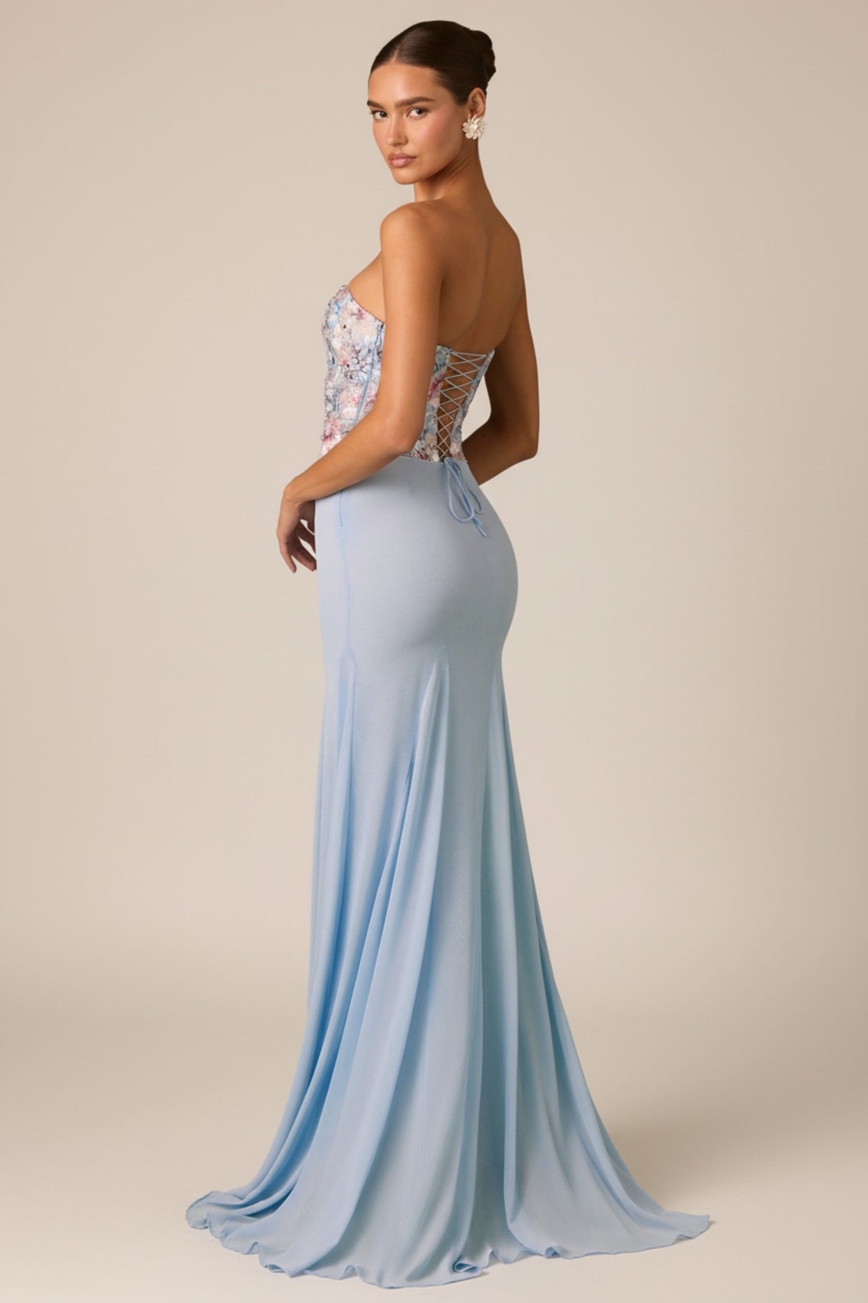 Embellished Corset Fishtail Gown in Floral Blue - 4