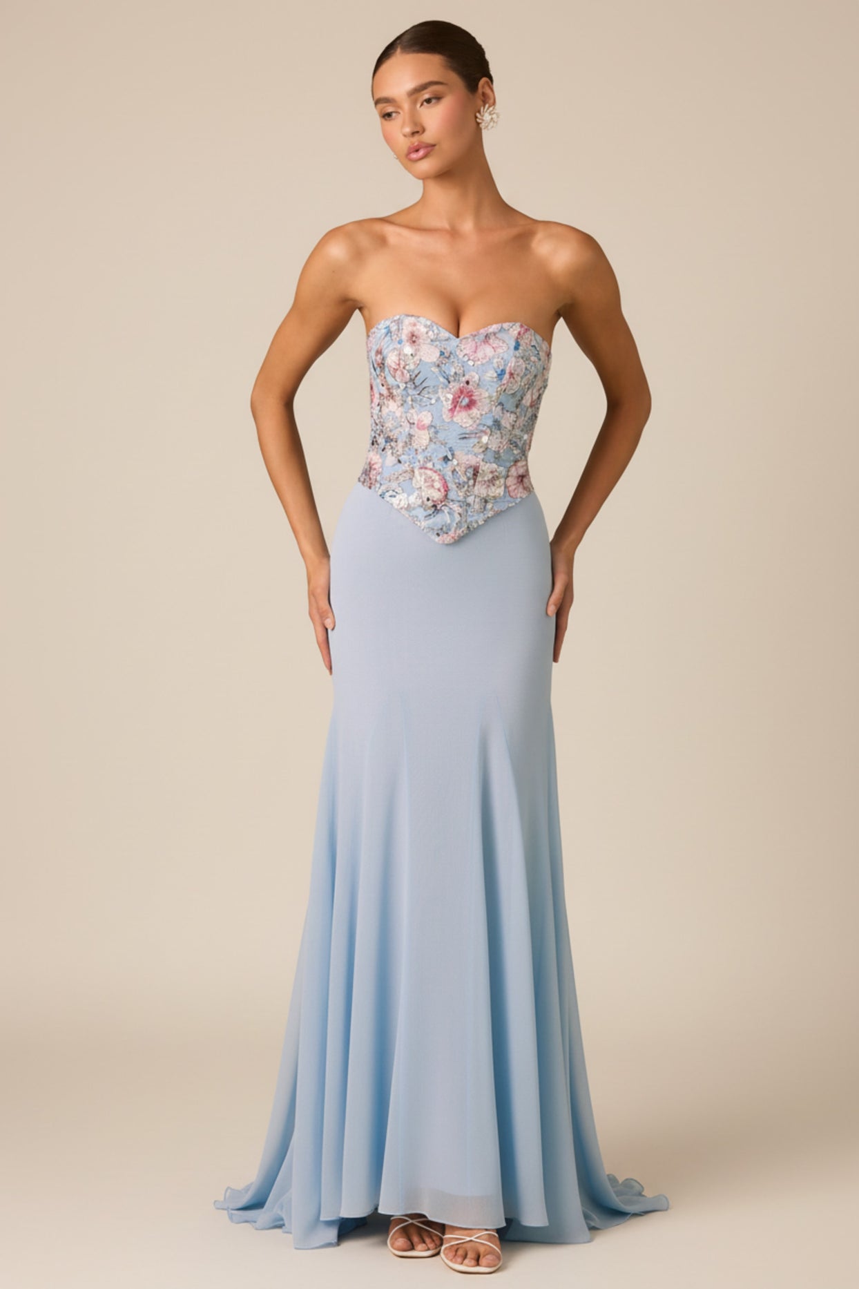 Embellished Corset Fishtail Gown in Floral Blue - 3