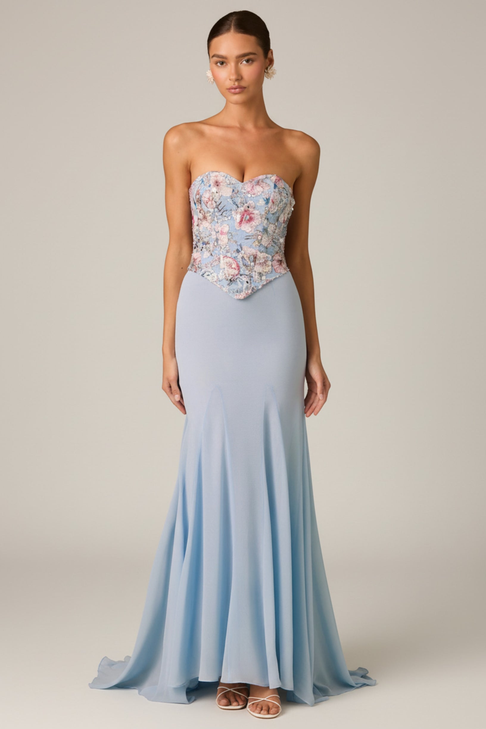 Embellished Corset Fishtail Gown in Floral Blue - 1