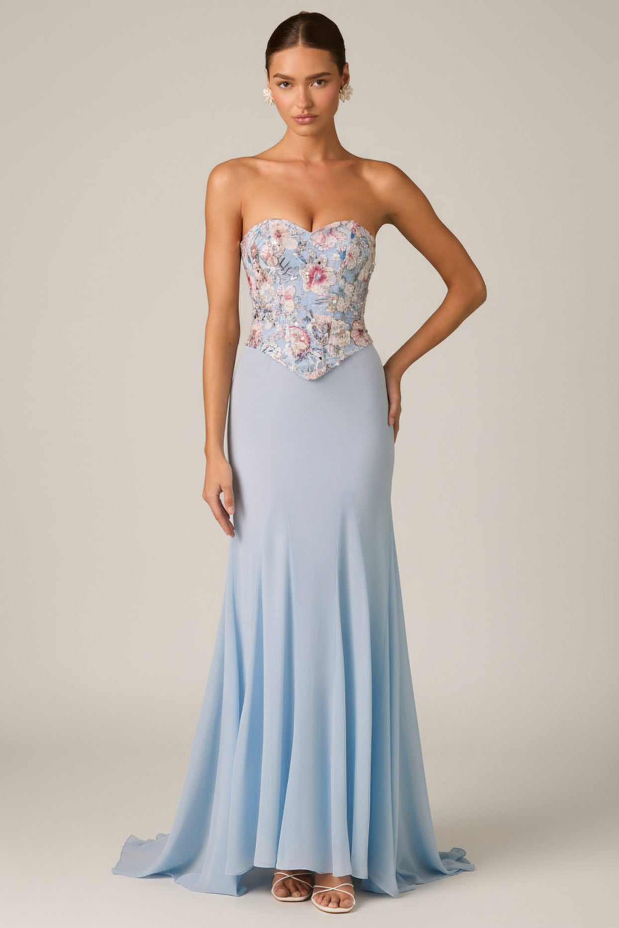 Embellished Corset Fishtail Gown in Floral Blue - 7