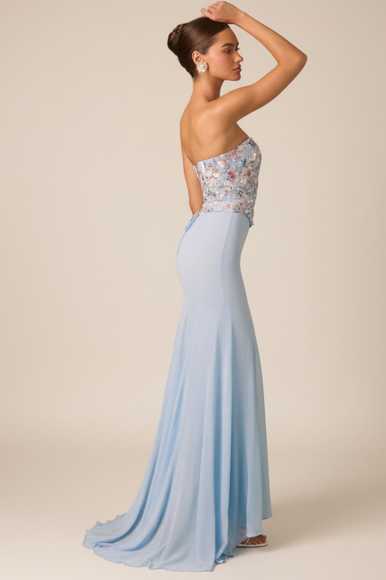 Embellished Corset Fishtail Gown in Floral Blue - 8