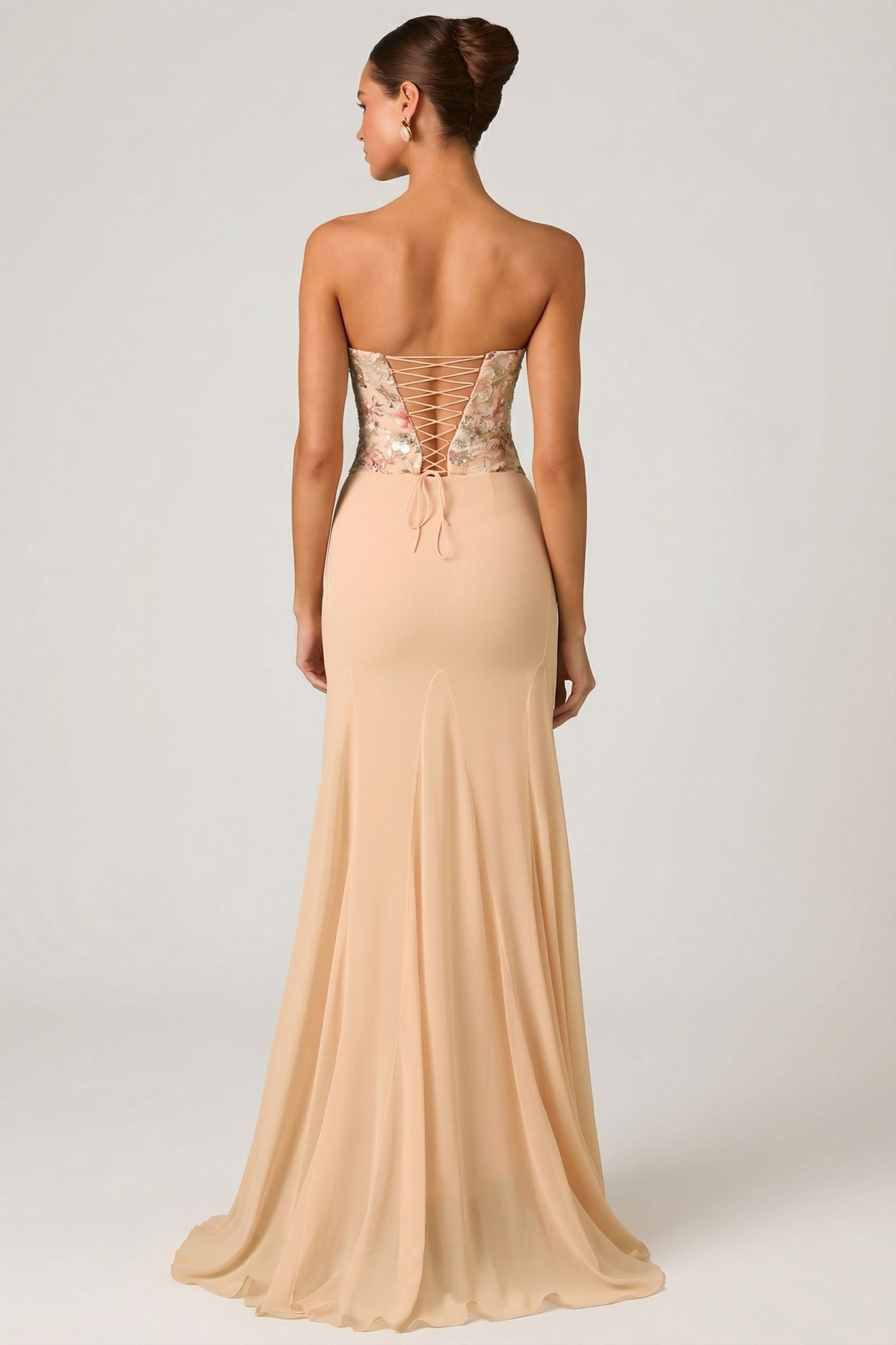 Lysana Embellished Corset Fishtail Gown in Floral Beige