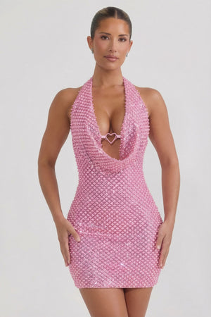 open lace back dress Mabella Embellished Heart-Detail Cowl-Neck Mini Dress in Pink