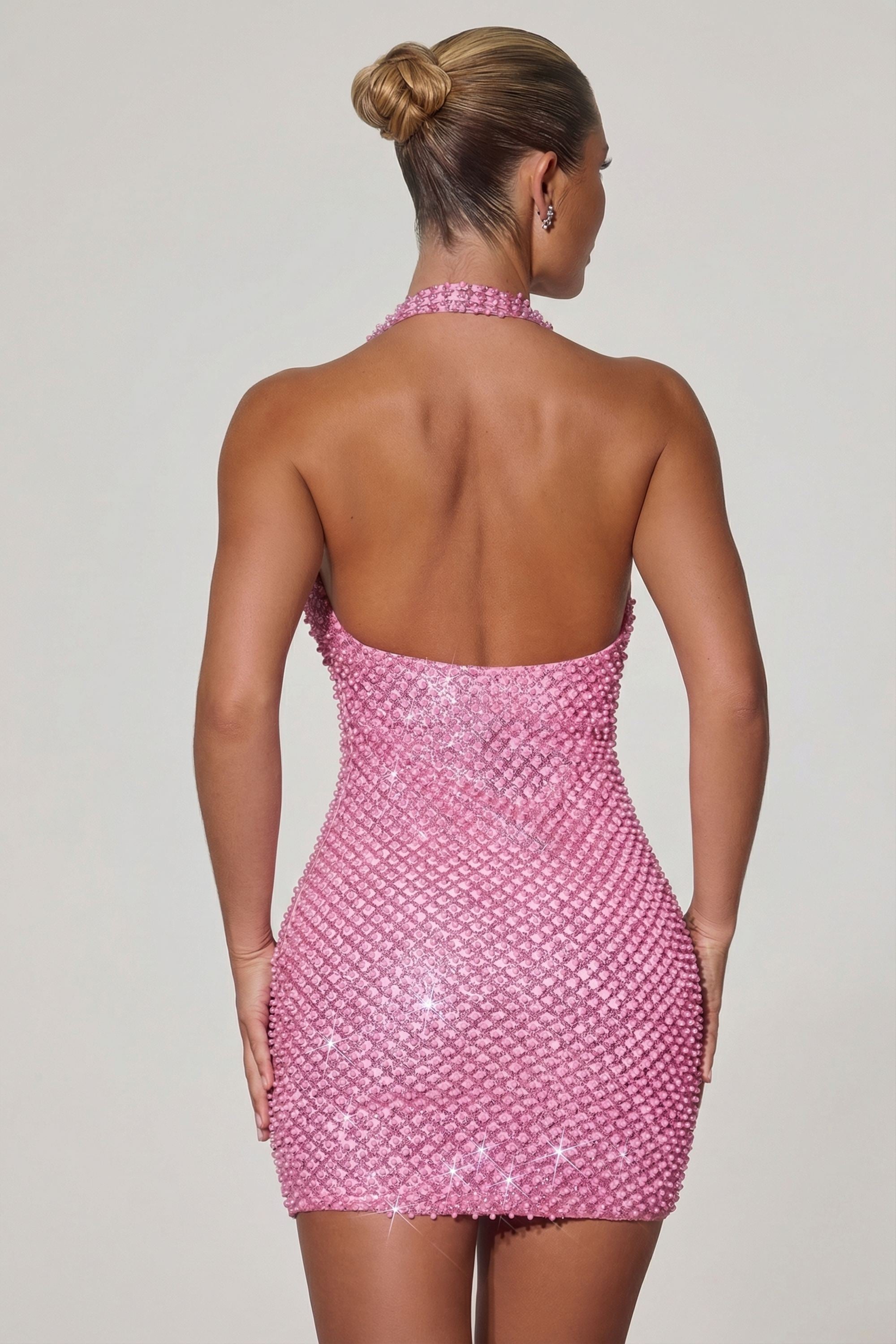 Valley Heart-Shaped Pearl Embellished Mini Dress in Pink
