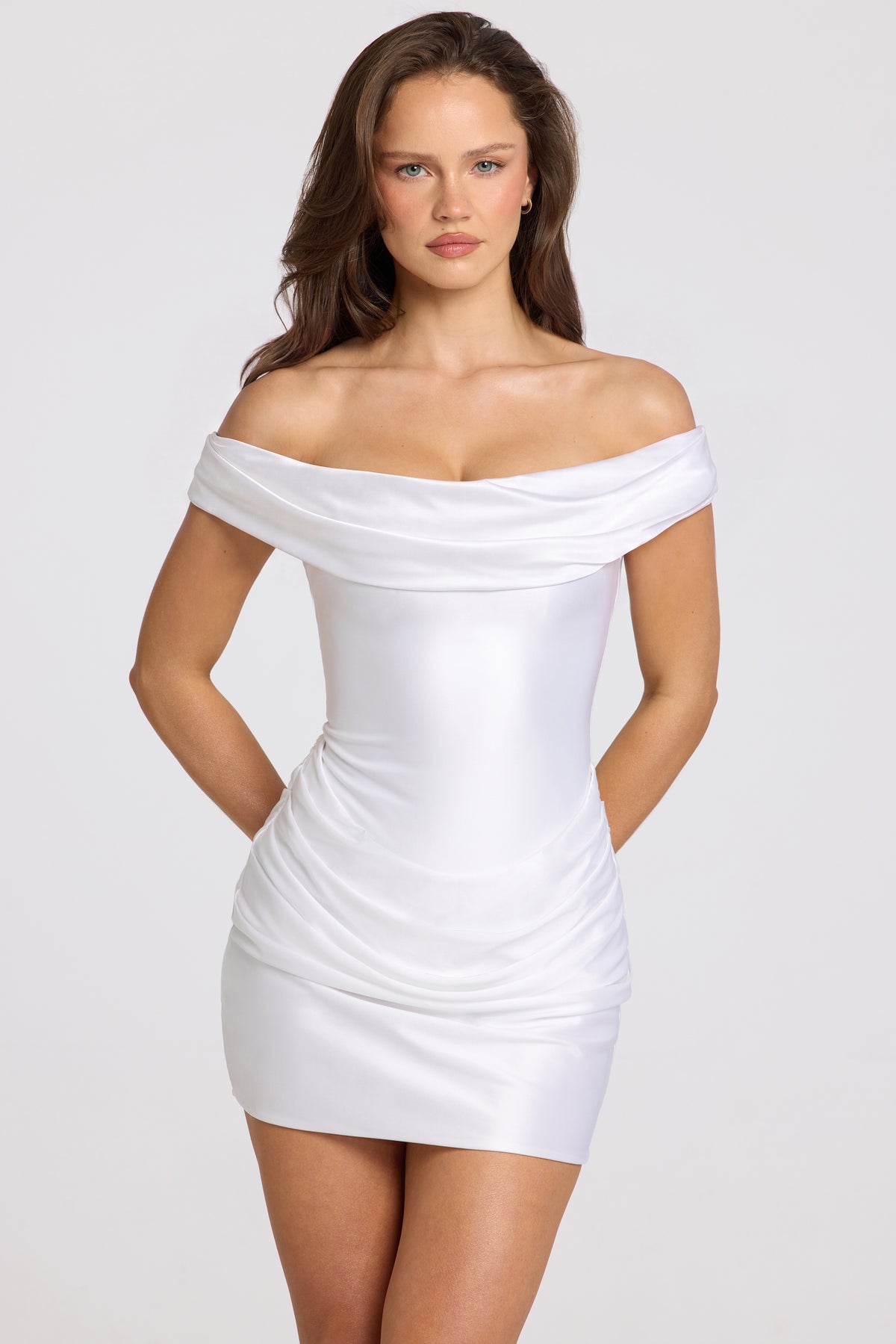 Satin Off-Shoulder Draped Mini Dress in Ivory