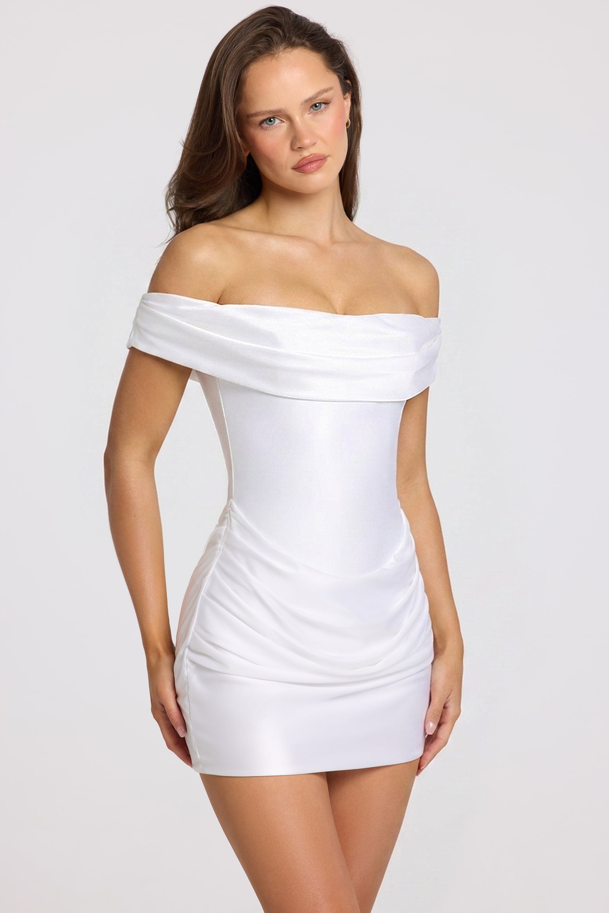 Satin Off-Shoulder Draped Mini Dress in White