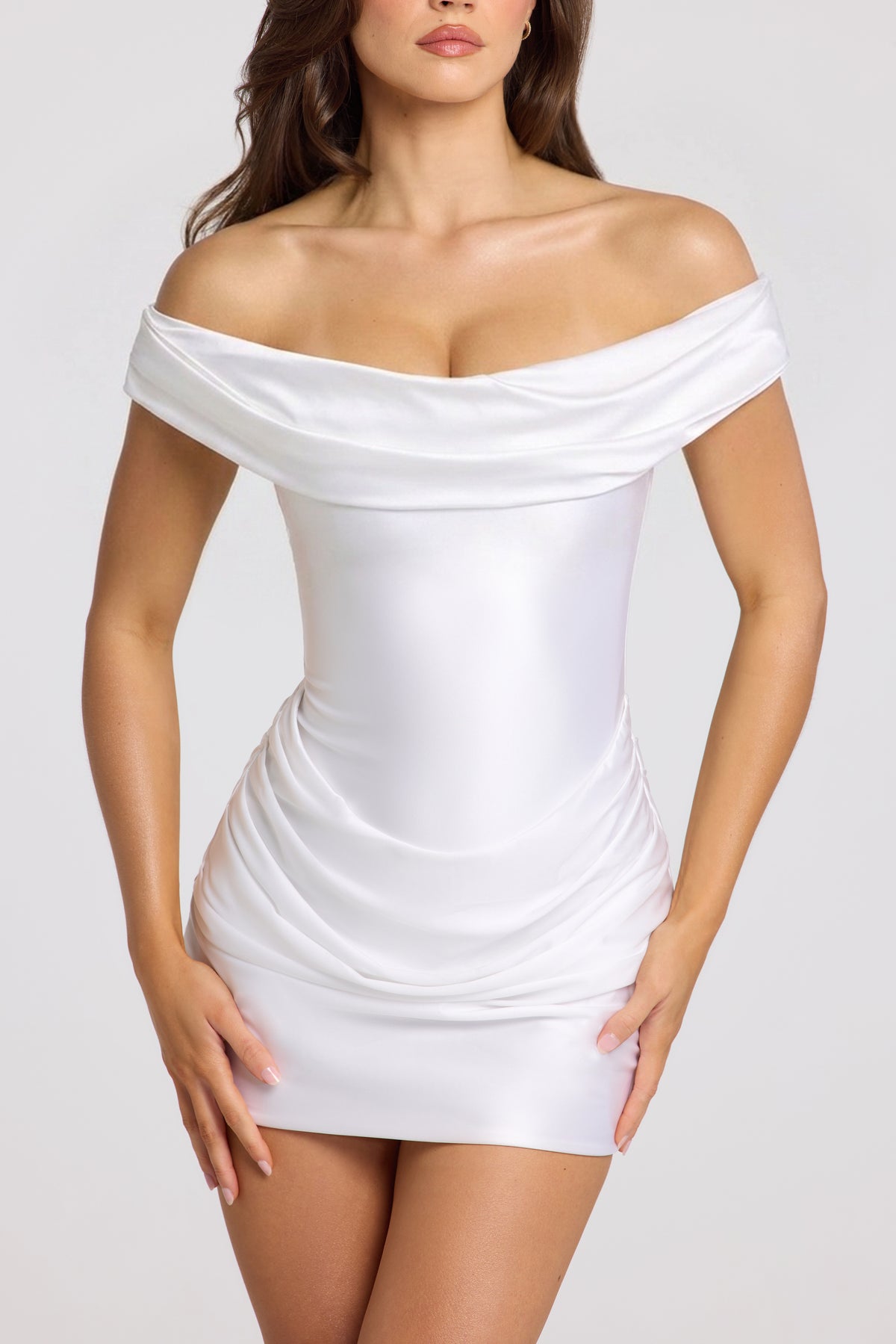 Satin Off-Shoulder Draped Mini Dress in Ivory