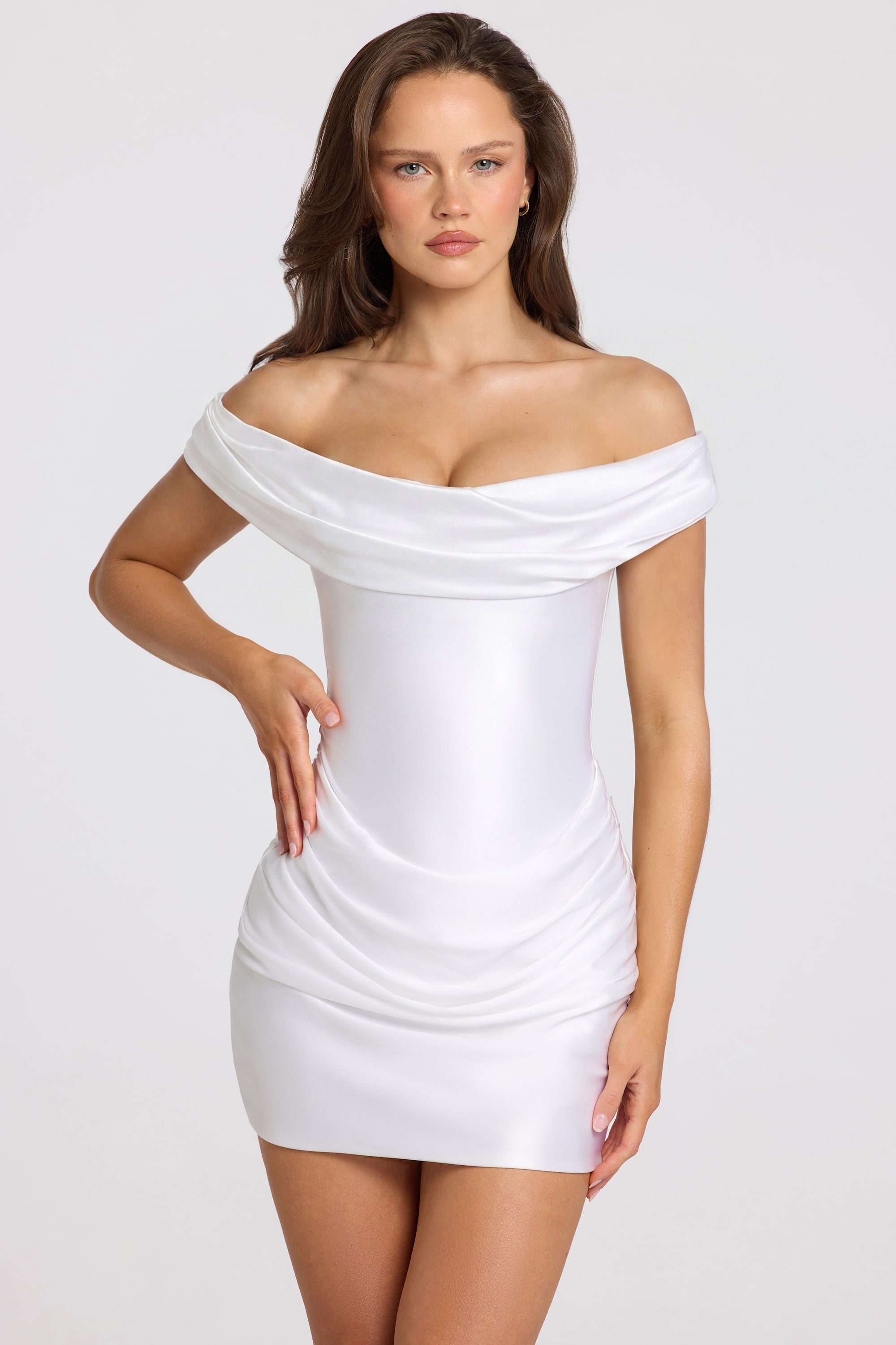 Satin Off-Shoulder Draped Mini Dress in White