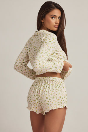 Modal Ruffle-Trim Pyjama Shorts in Lemon Print