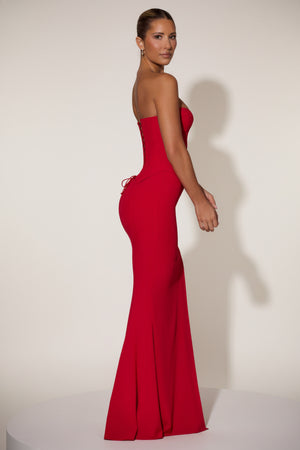 Lace-Up Corset Fishtail Maxi Dress in Red