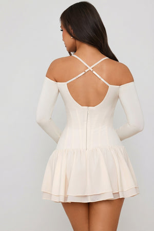Off-Shoulder Tiered Corset Mini Dress in Ivory