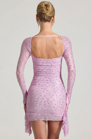 Oh Polly's Sienna wearing the Marilla Mini Dress in Peony Pink Embellished fabric perfect for cocktail evenings