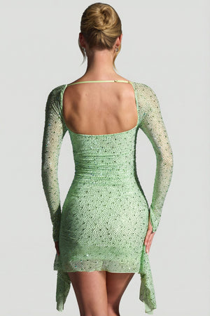 Oh Polly's Sienna wearing the Marilla Mini Dress in Pistachio Embellished fabric perfect for date nights