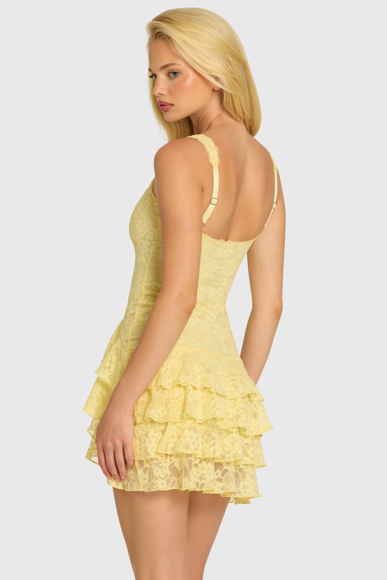 Sequin Lace Ruffle Mini Dress in Butter - 2