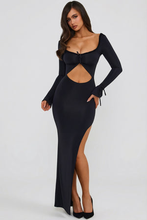 Ruffle-Trim Cut-Out Maxi Dress in Black