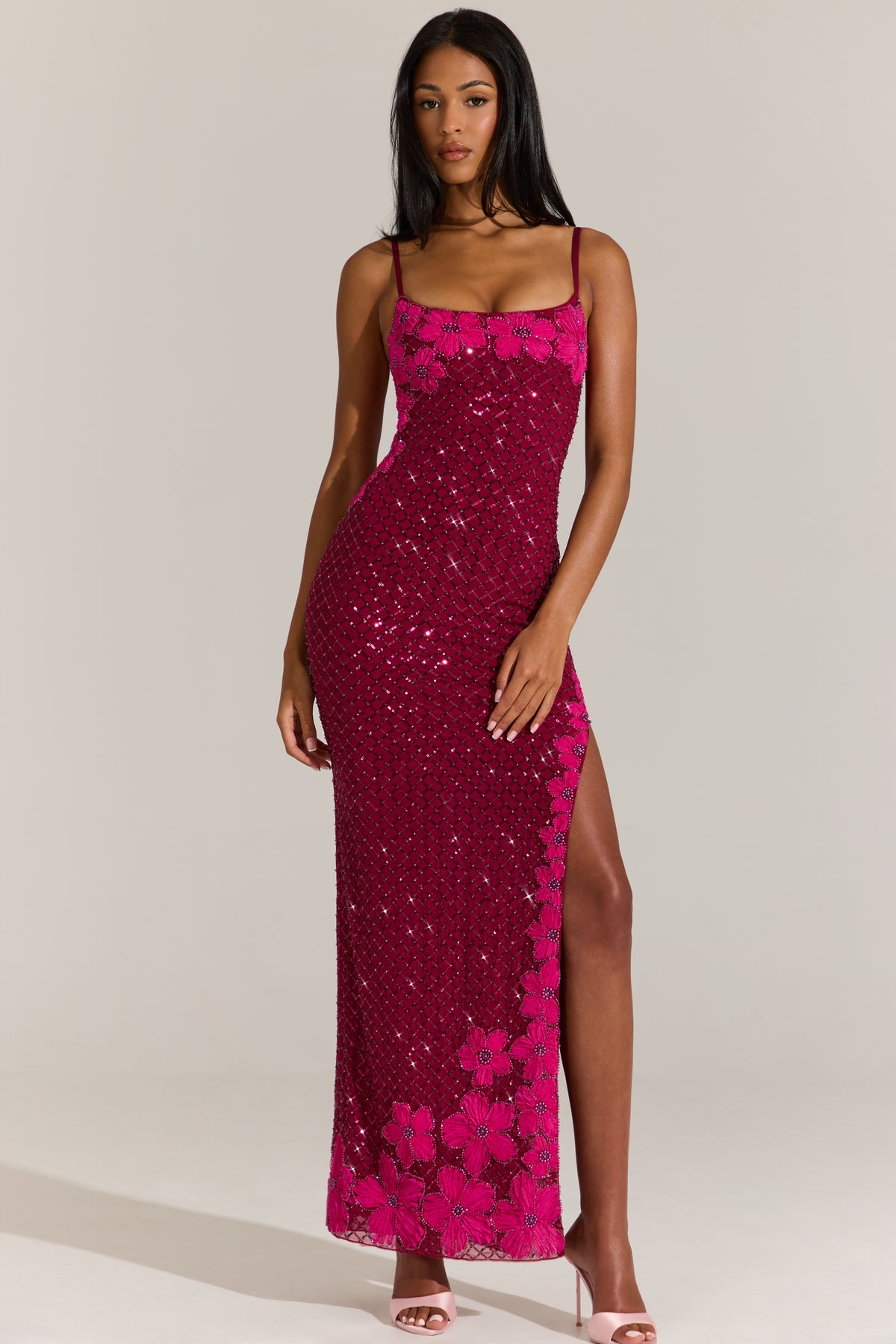 Embellished Square-Neck Maxi Dress in Cranberry