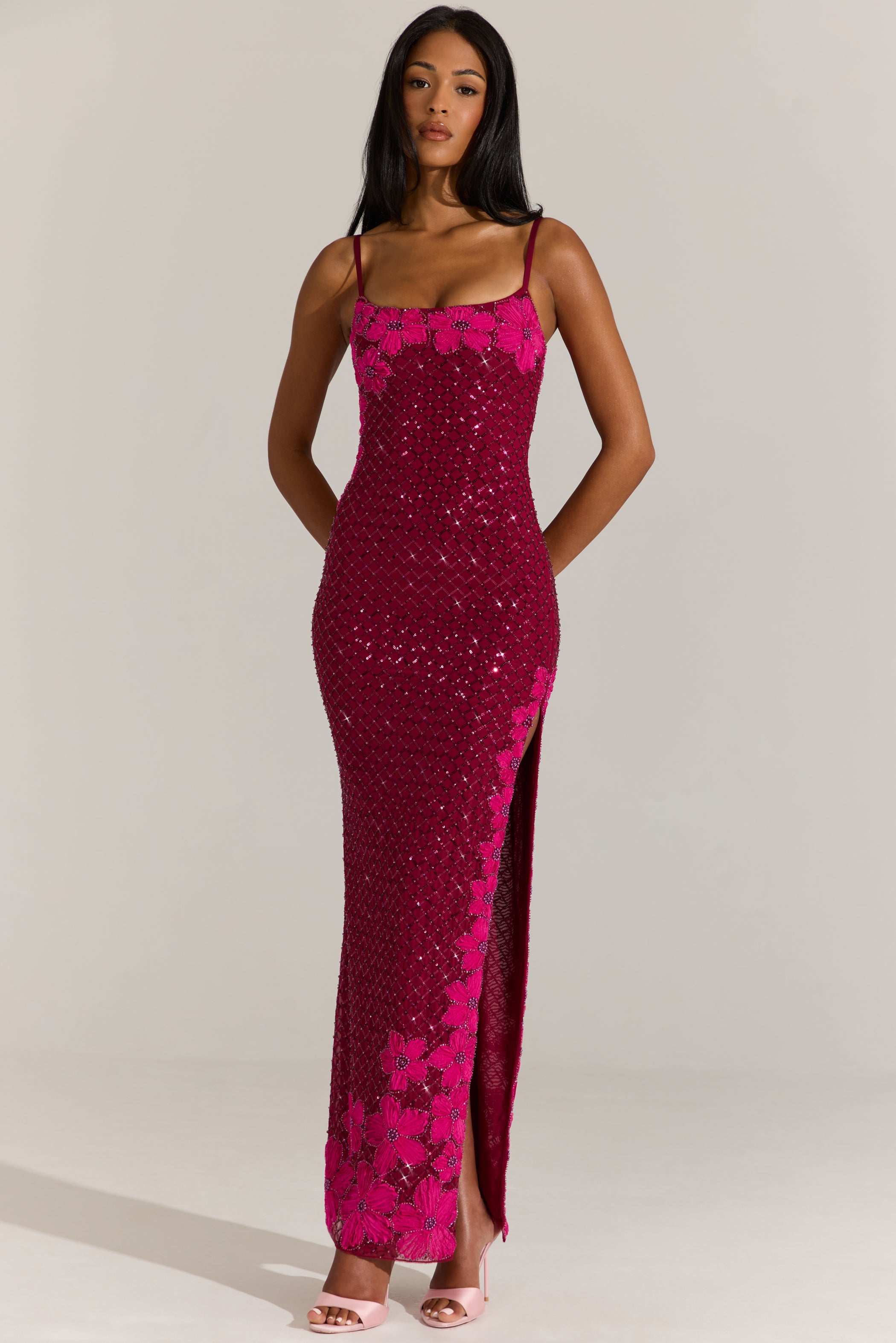 Embellished Square-Neck Maxi Dress in Cranberry