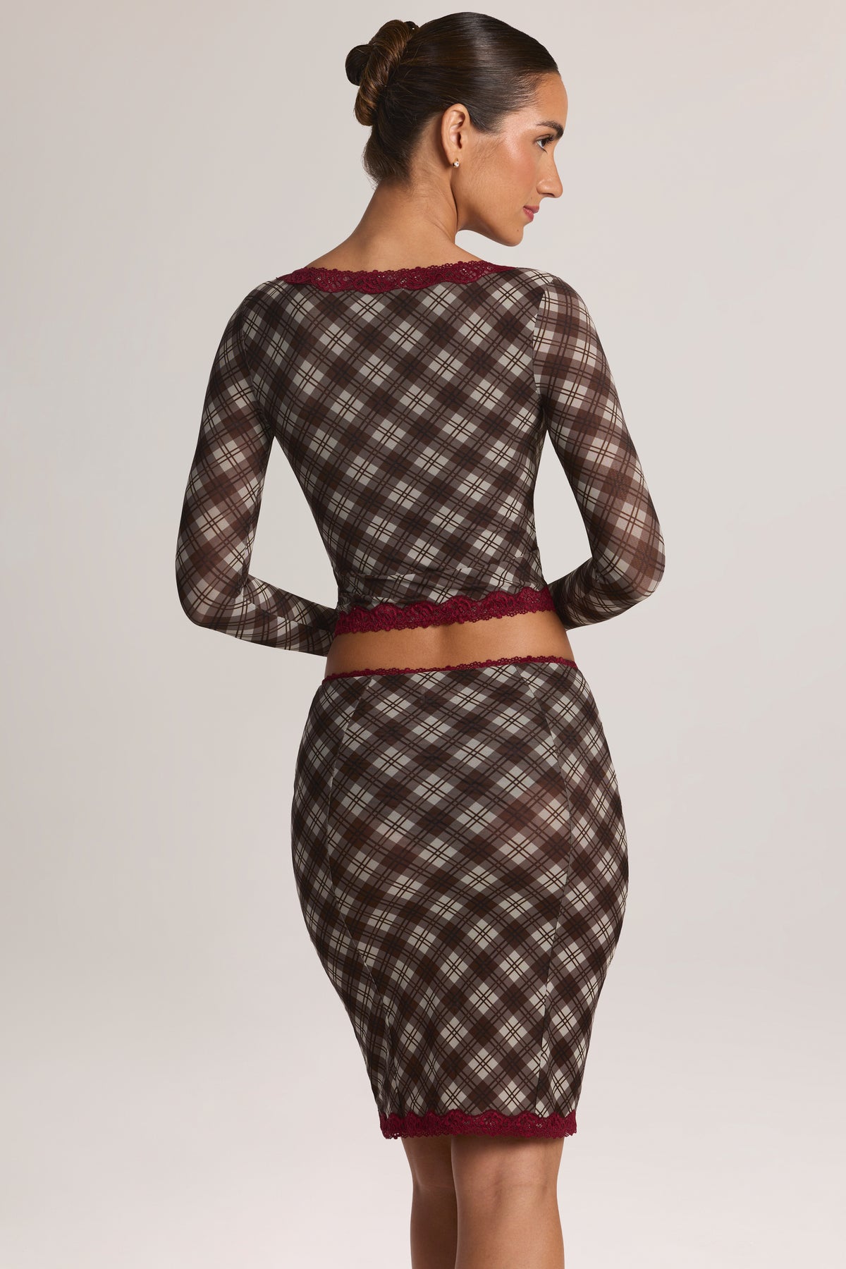 Lace-Trim Low-Rise Midi Skirt in Diagonal Check Print