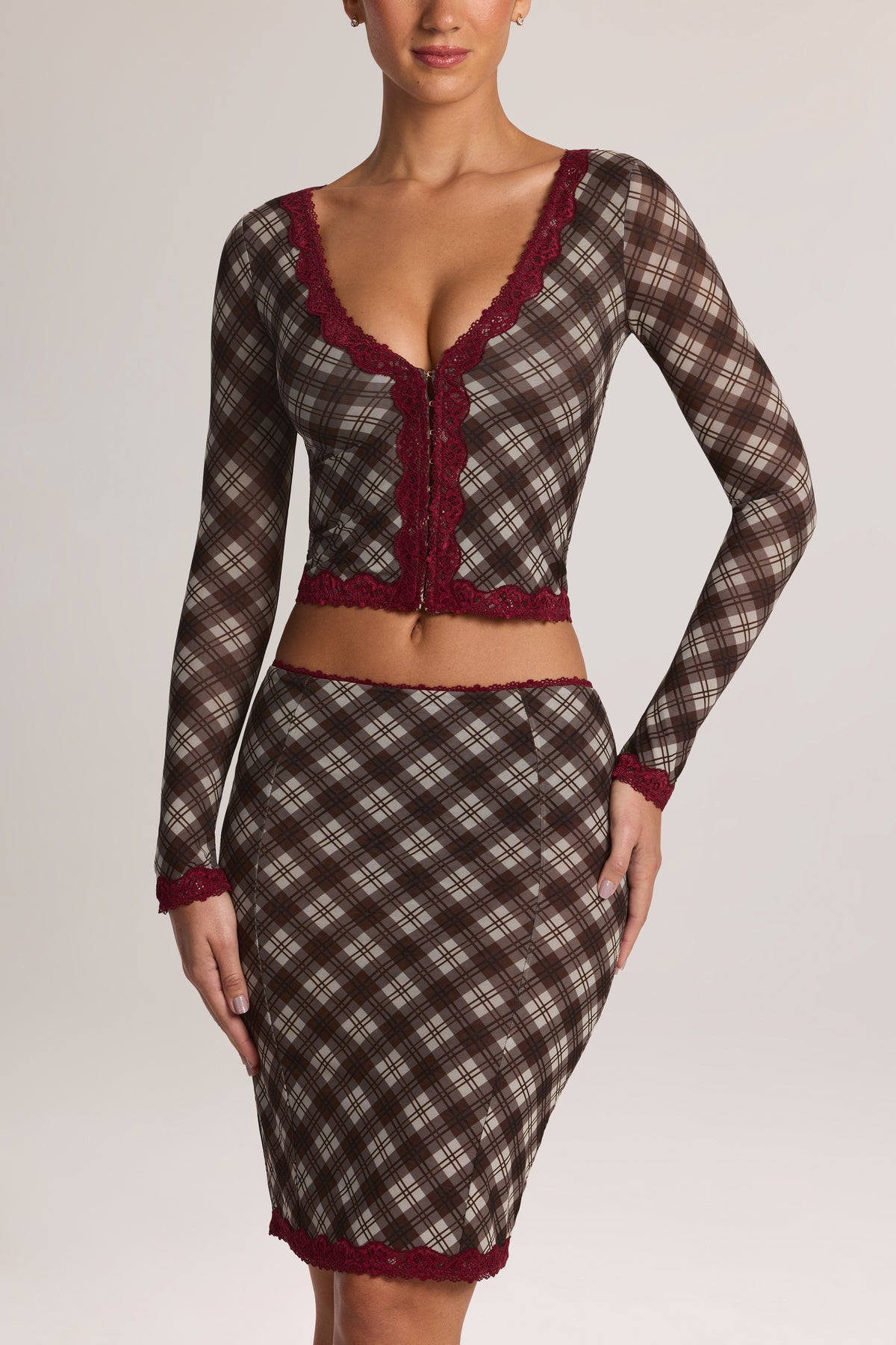 Lace-Trim Low-Rise Midi Skirt in Diagonal Check Print