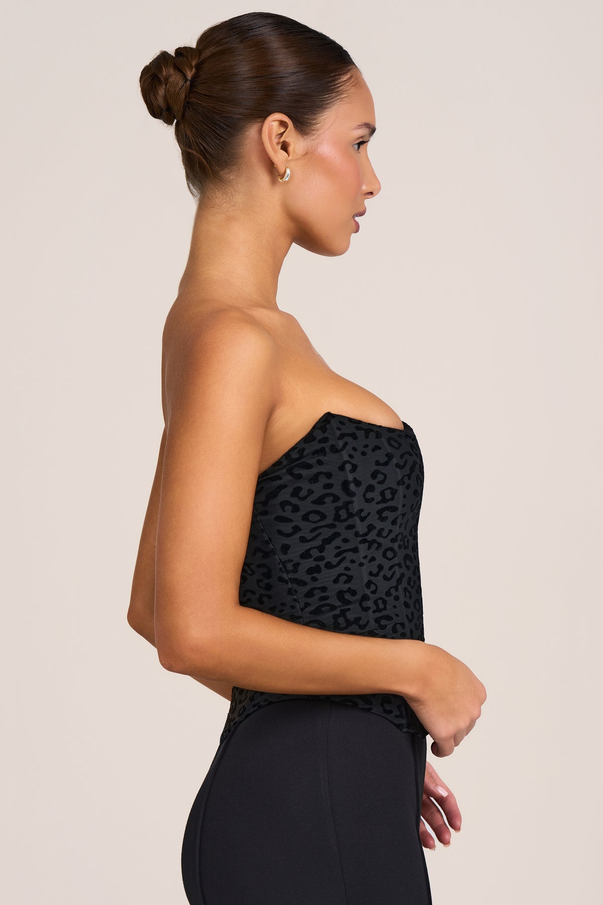 Flocked Leopard Mesh Corset Top in Black