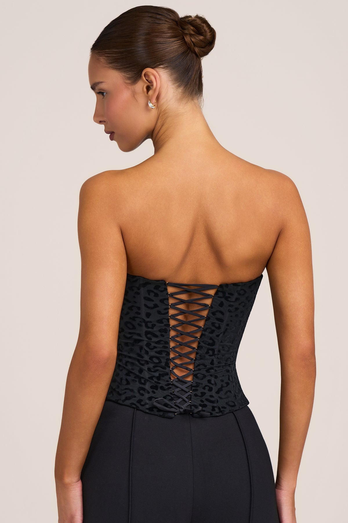Flocked Leopard Mesh Corset Top in Black - 2