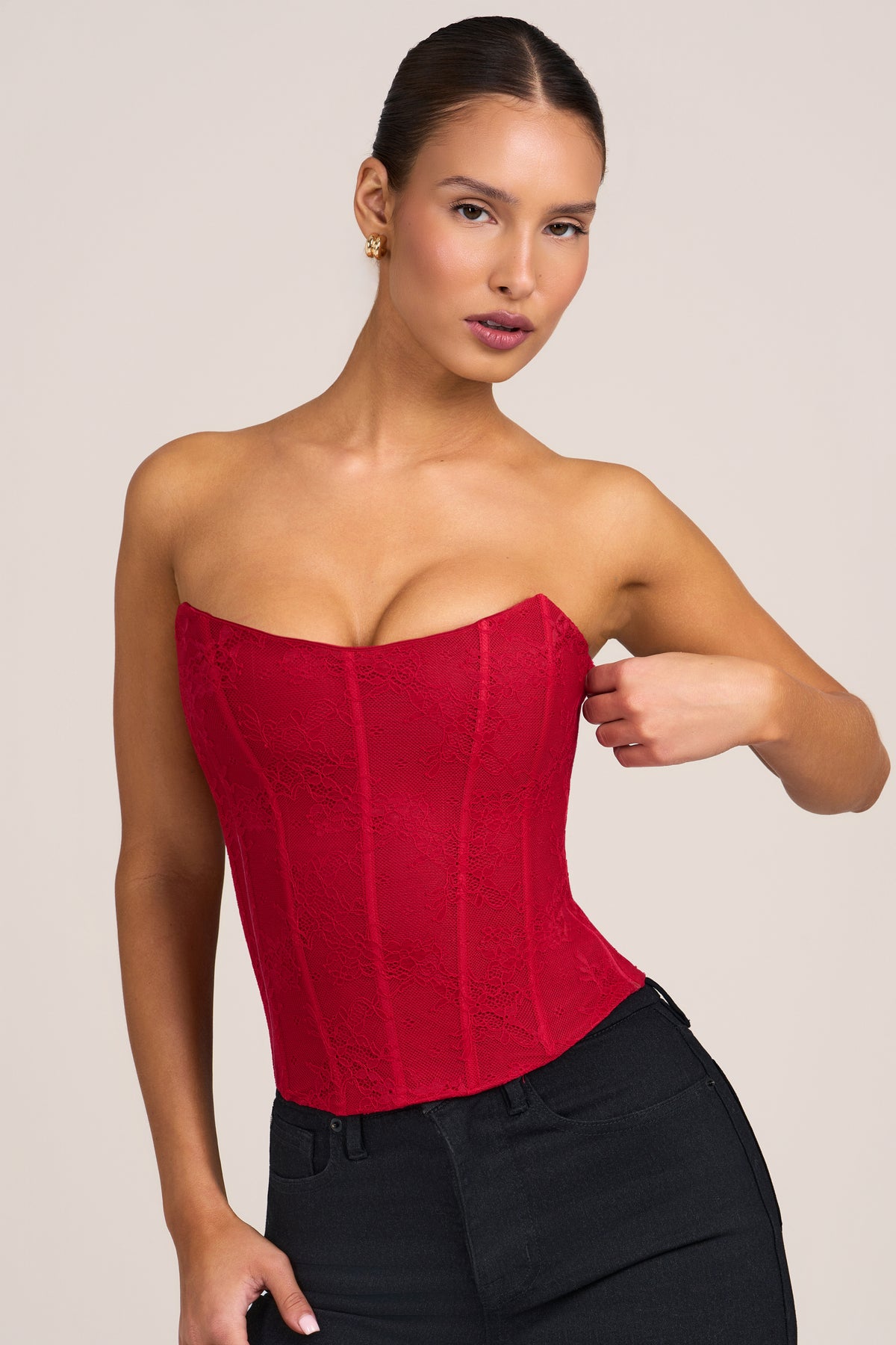 ⁣⁢Korsett-Top aus Spitze in Fire Red⁤⁣