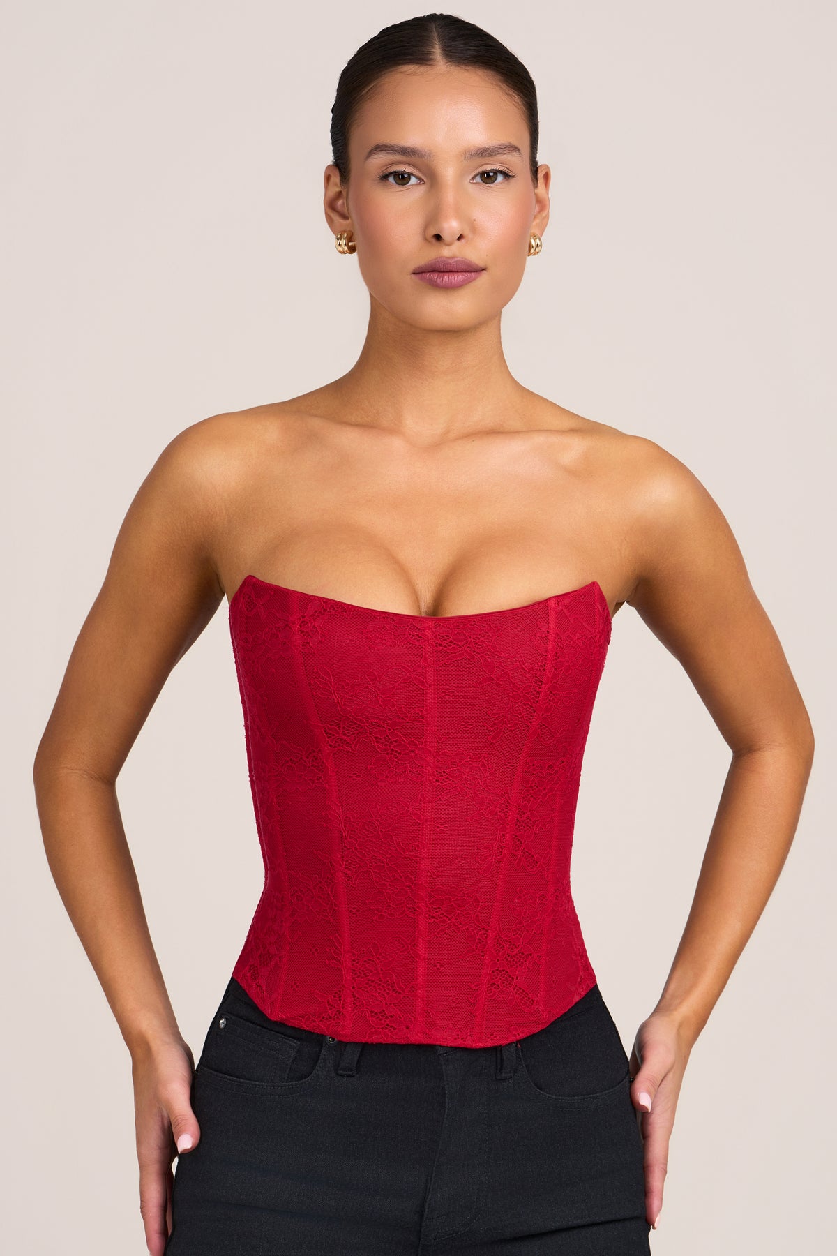 ⁣⁢Korsett-Top aus Spitze in Fire Red⁤⁣
