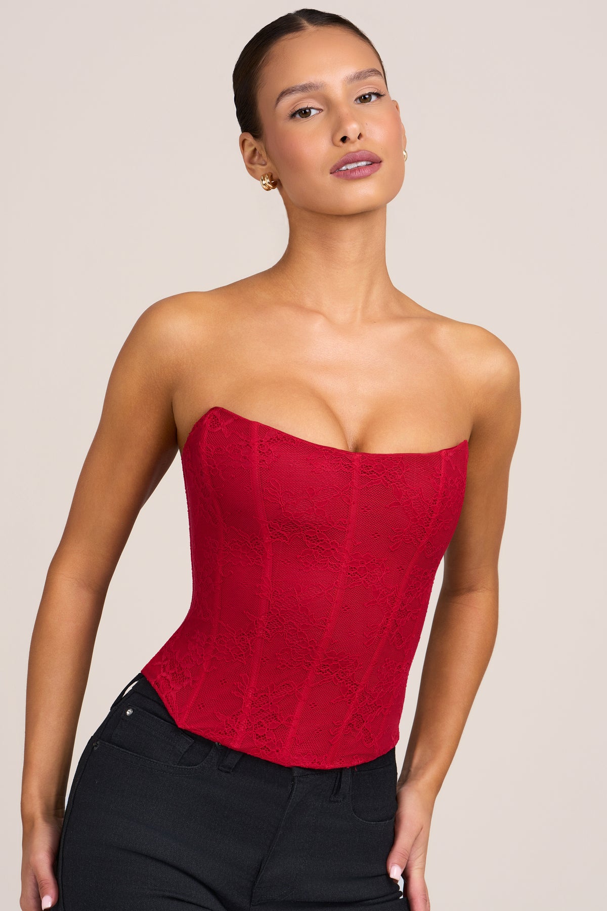 ⁣⁢Korsett-Top aus Spitze in Fire Red⁤⁣