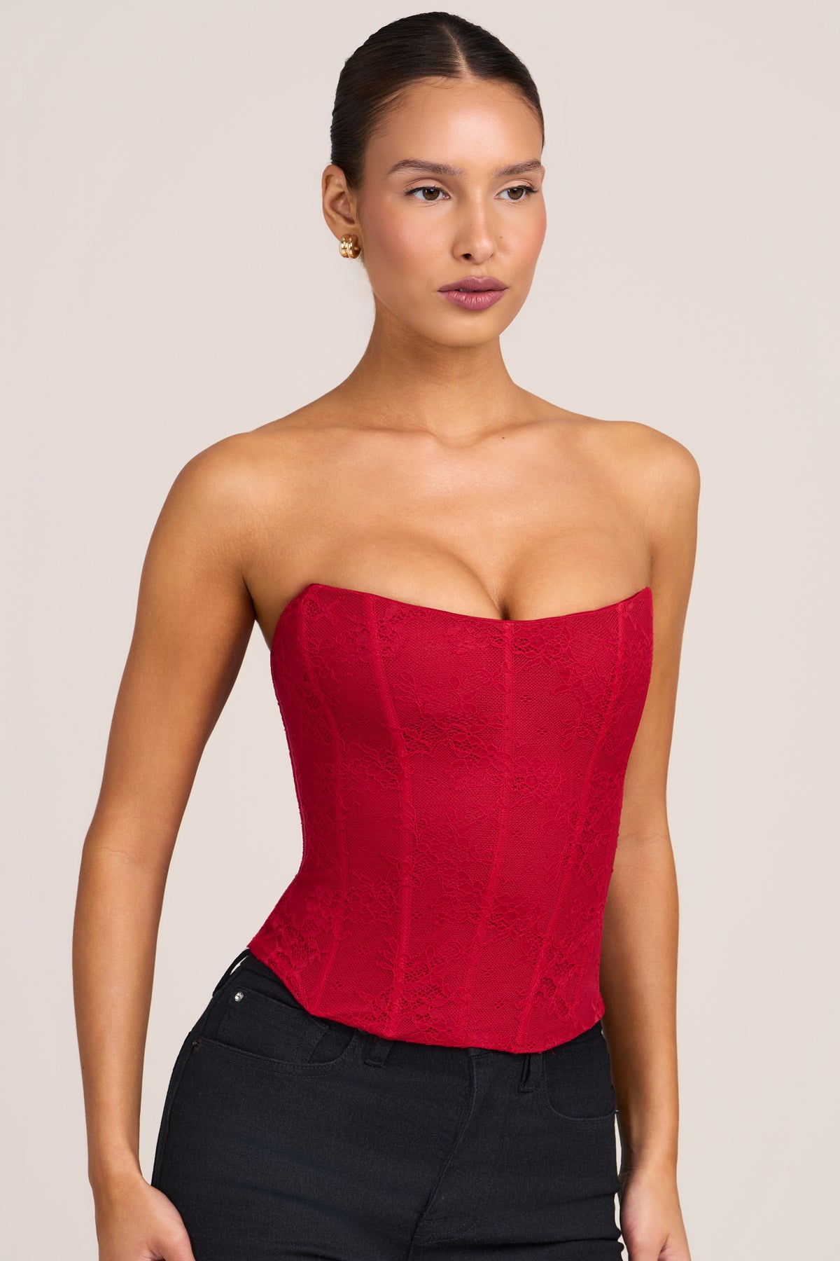 ⁣⁢Korsett-Top aus Spitze in Fire Red⁤⁣