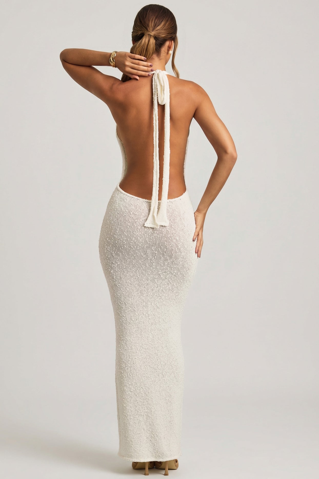 Bouclé Halterneck Maxi Dress in White - 7