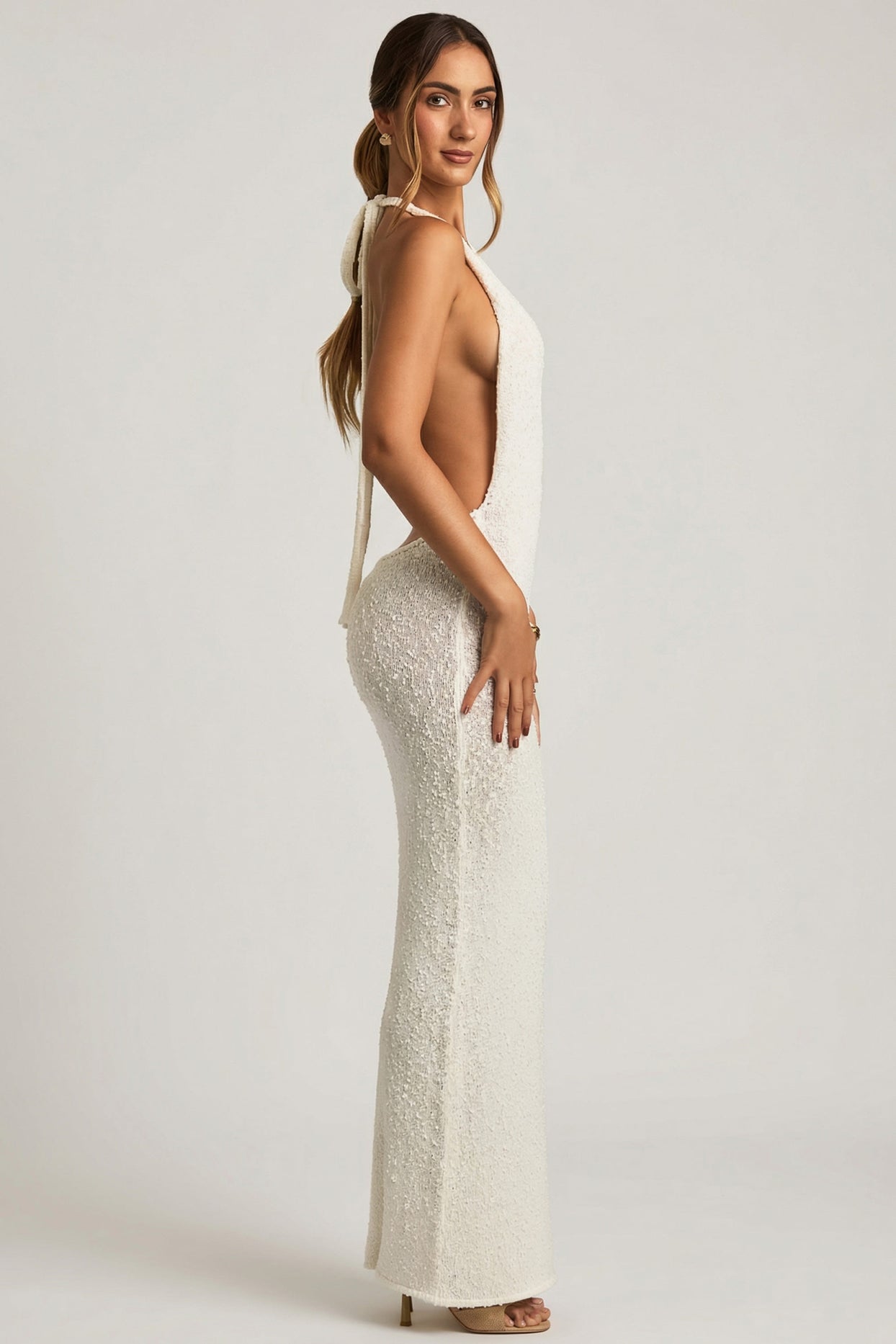 Bouclé Halterneck Maxi Dress in White - 5
