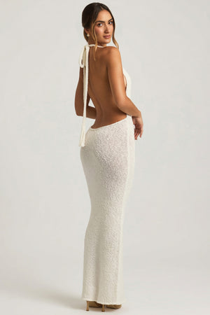Bouclé Halterneck Maxi Dress in White