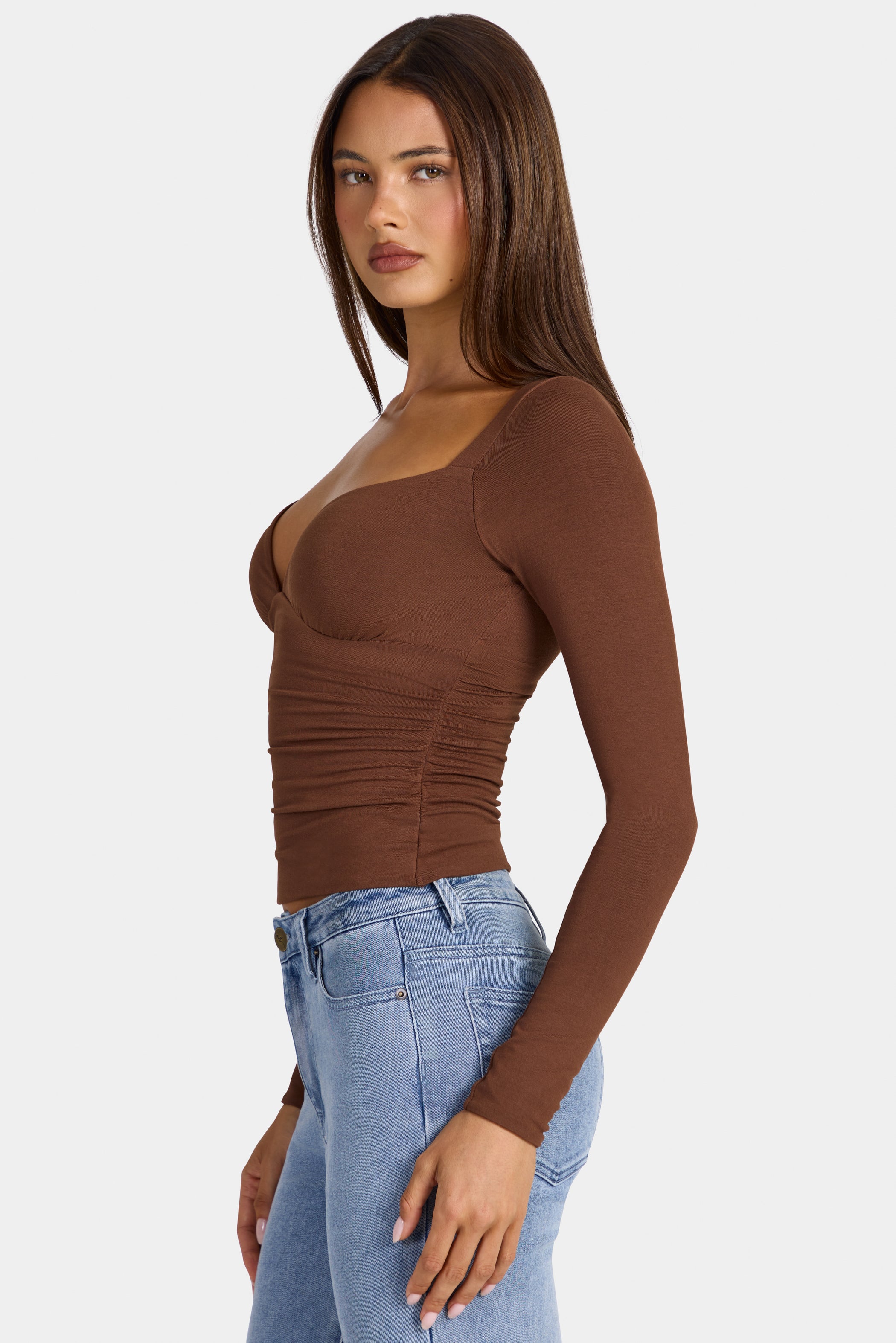 Modal Ruched Long-Sleeve Top in Cocoa Brown