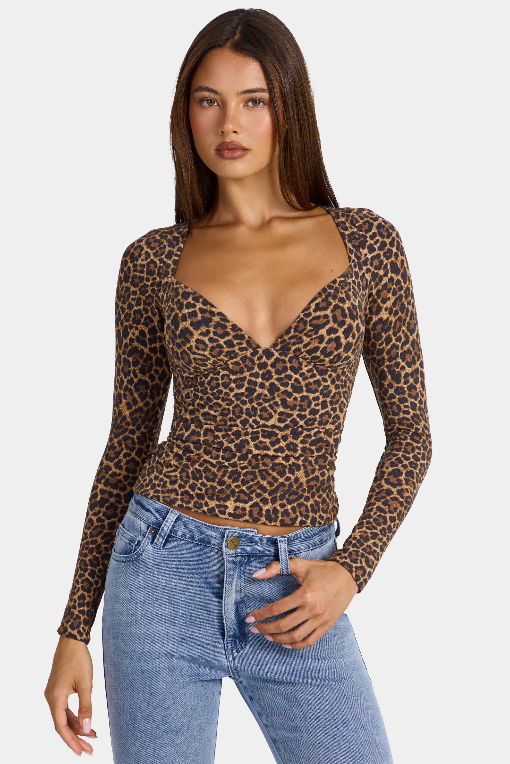 Modal Ruched Long-Sleeve Top in Leopard