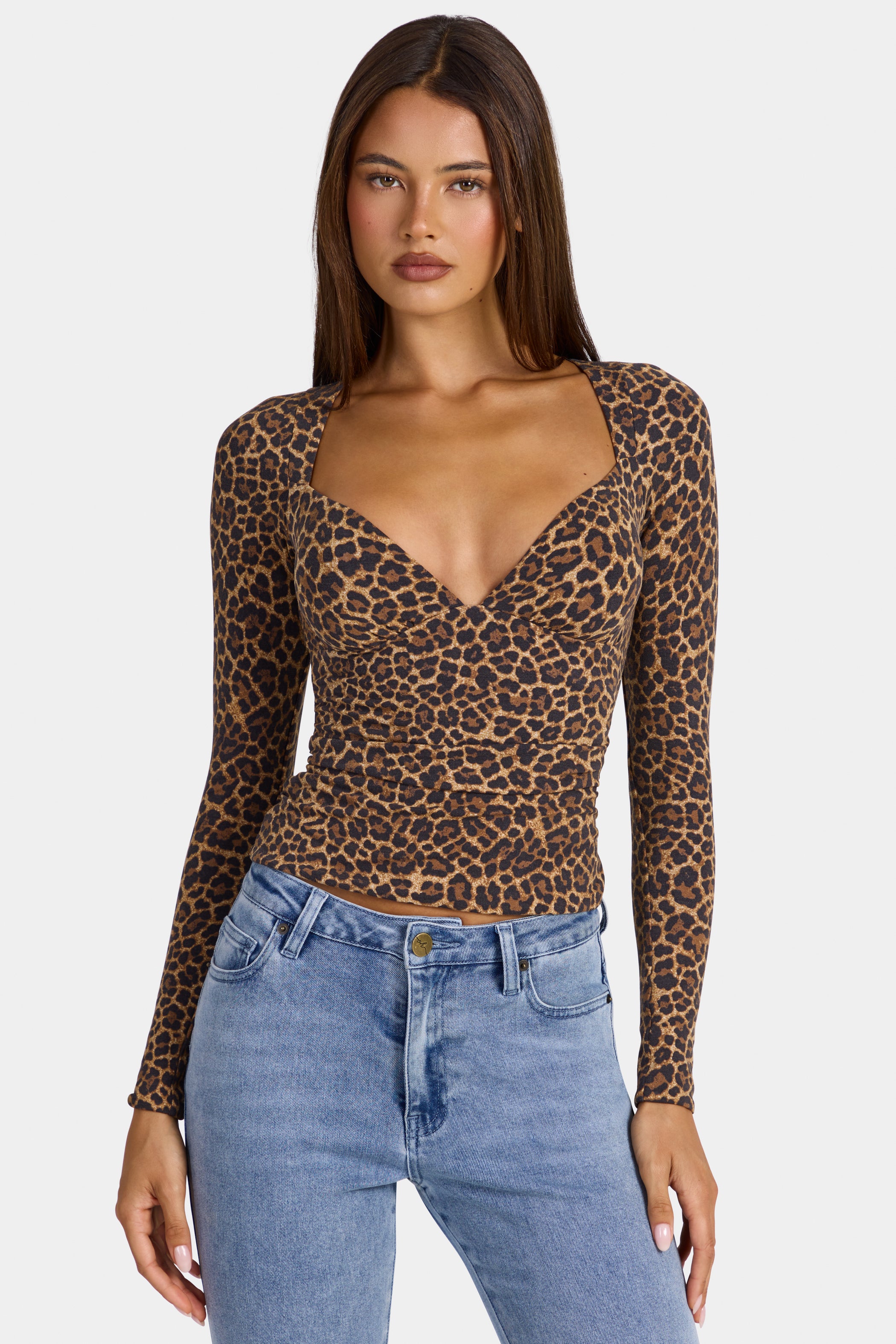 Modal Ruched Long-Sleeve Top in Leopard