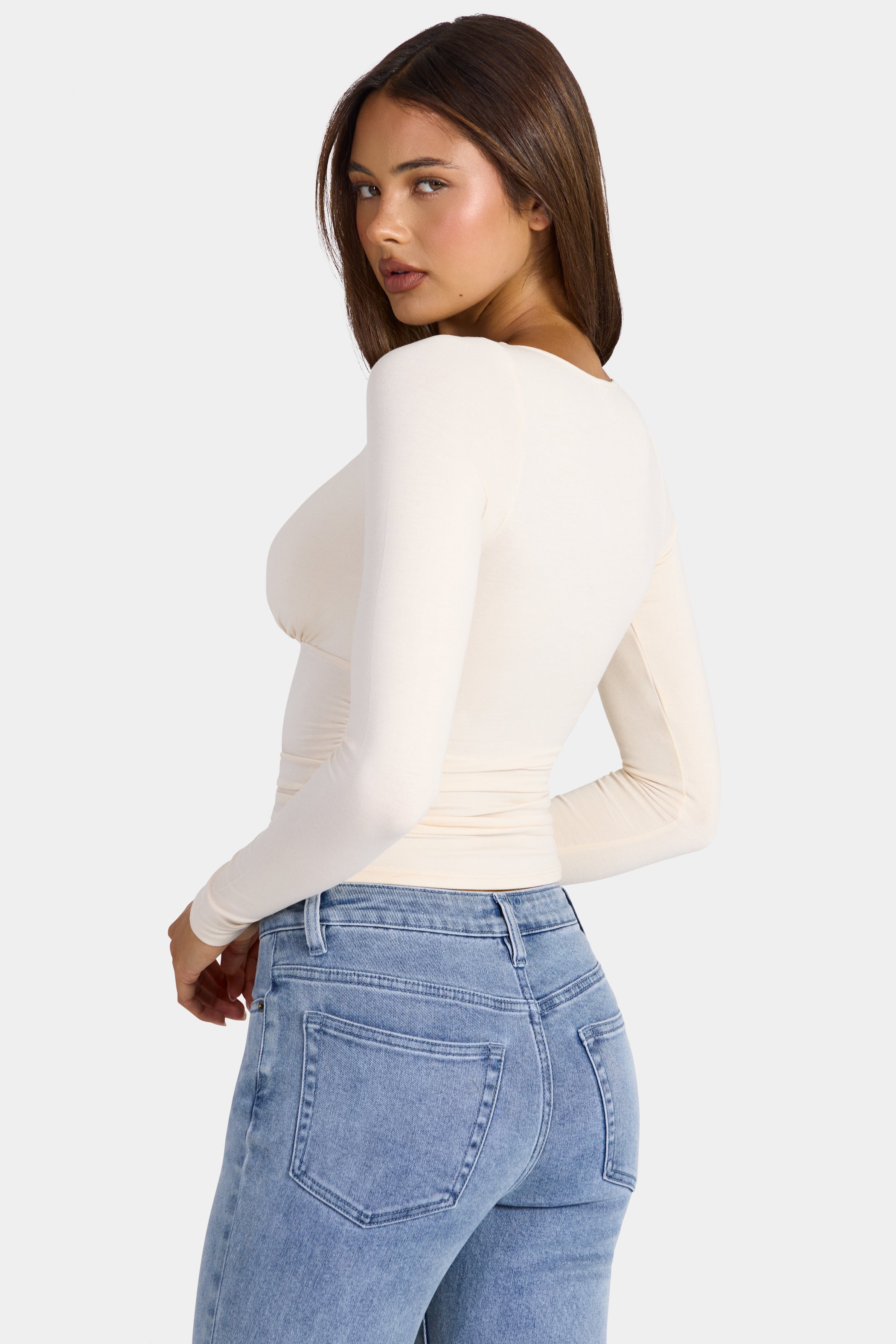 Modal Ruched Long-Sleeve Top in Oat
